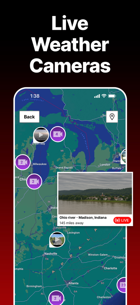 SKAI app interface showing live weather cameras on a map with a real-time video feed of the Ohio River