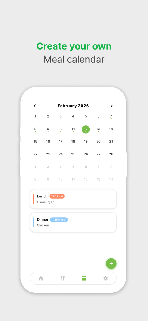 Eat Slowly - Interfaz del calendario de historial de comidas de la aplicación Come Despacio que muestra registros de alimentos diarios