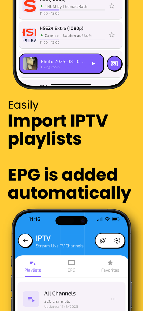 LocalCast app interface showing IPTV playlist import and automatic EPG setup