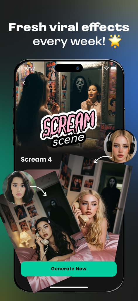 Wiro AI mobile app interface featuring a viral Scream movie scene face swap effect.