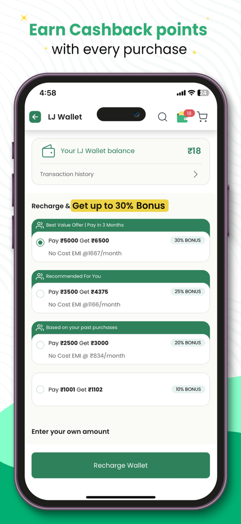 Little Joys: Kids Health App - Screenshot of the Little Joys app wallet page displaying balance and recharge bonus options for users.