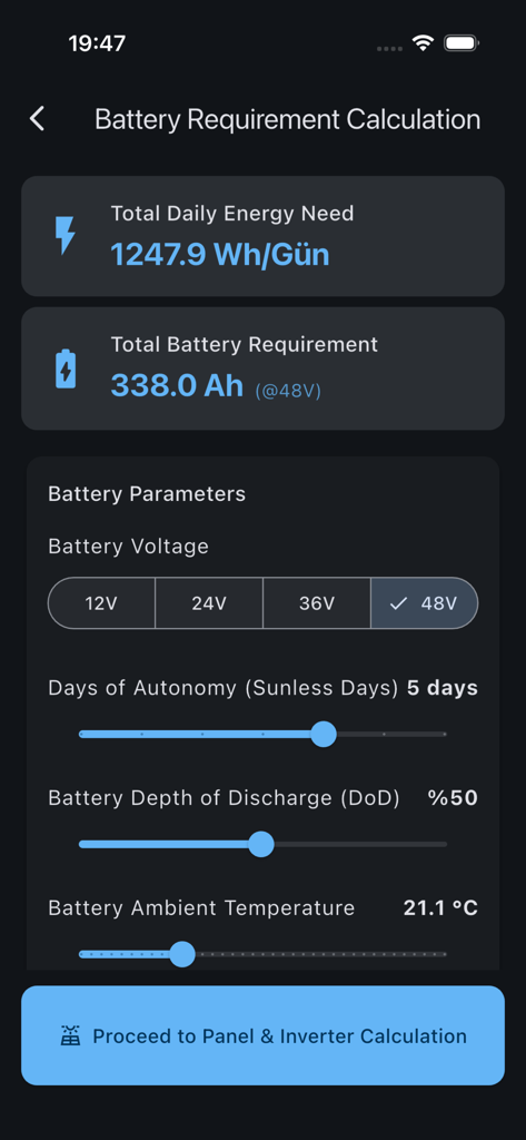 Solar System Calculator Pro app interface showing battery requirement calculations including daily energy needs and total battery capacity