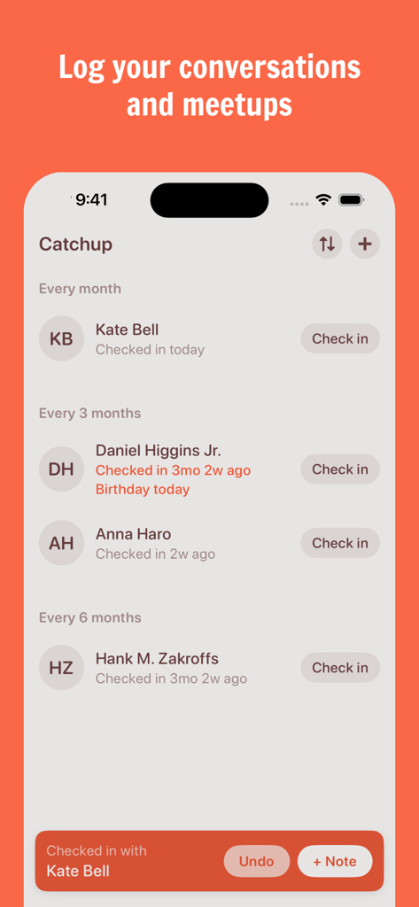 Catchup: Friendship Tracker - Screenshot of the Catchup app showing a contact list organized by contact frequency with check in buttons to log conversations.