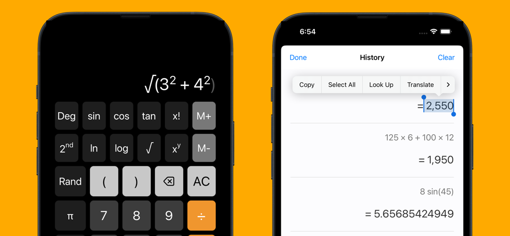 Scientific calculator and history log interface in the OneCalc plus app