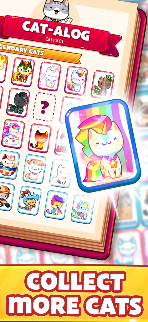 Cat Game - The Cats Collector! - Catálogo de la aplicación Cat Game que muestra gatos legendarios para coleccionar, incluido un unicornio arcoíris