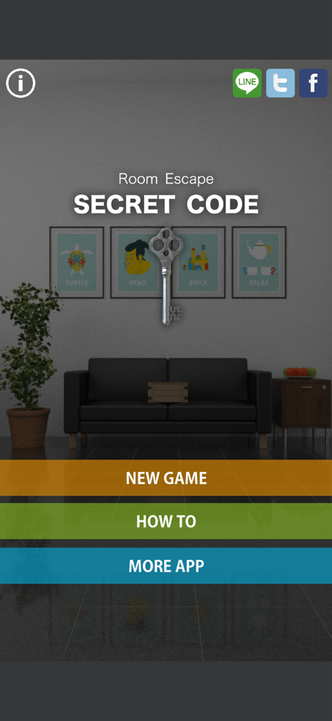Main menu of the Room Escape Secret Code game showing a large key and a modern living room background