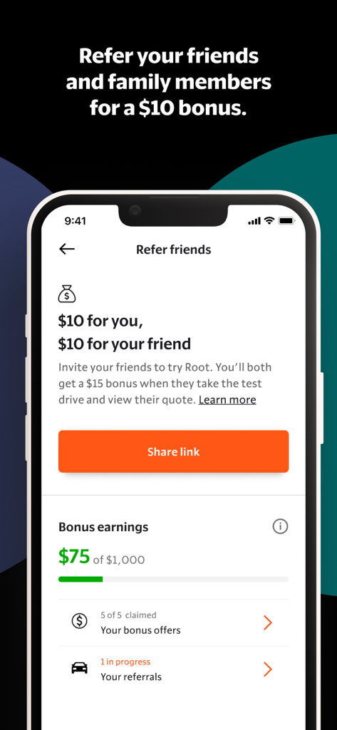 Root insurance app screen for referring friends and family to earn a 10 dollar bonus