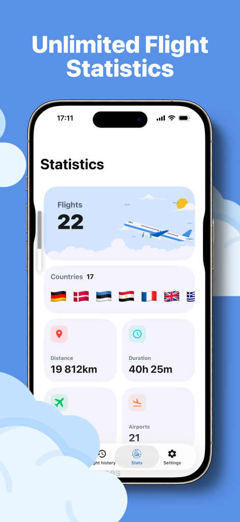 OnlyFlights - Flight Tracker - OnlyFlightsアプリの統計画面に、フライト履歴、総飛行距離、訪問国が表示されています