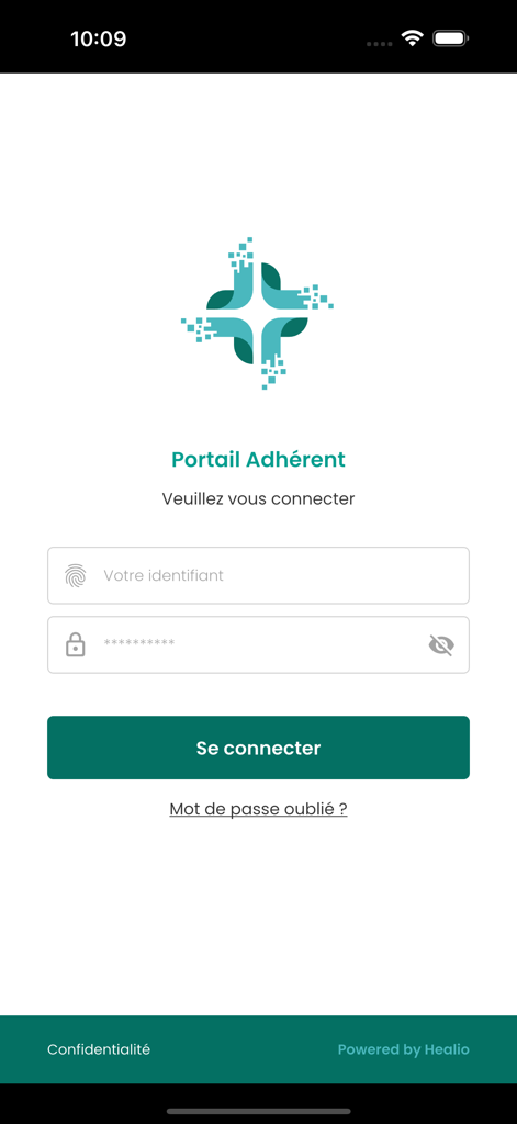 Healio medical app login screen featuring the member portal interface and login fields in French.