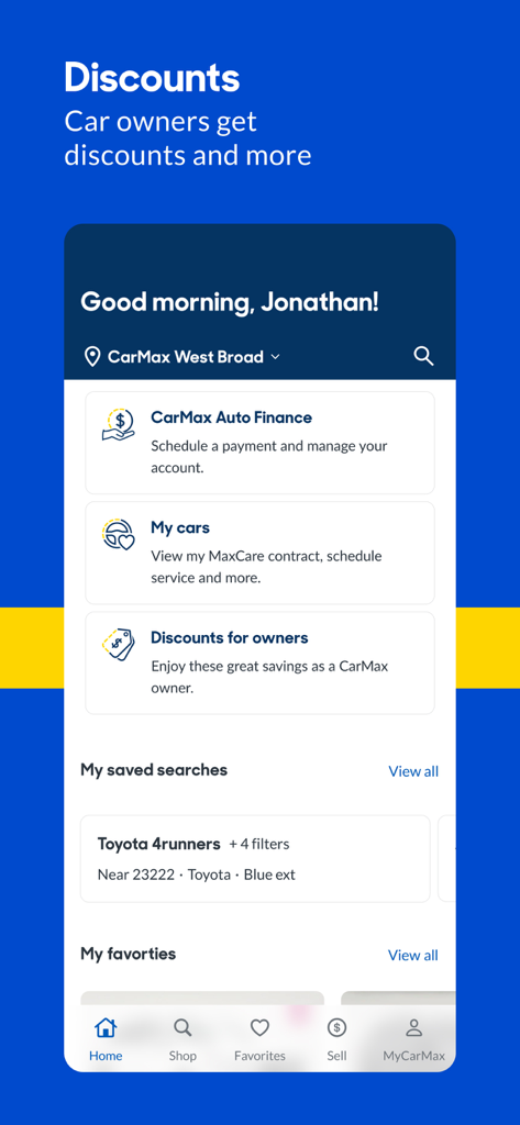CarMax app home screen showing personalized dashboard with finance management and owner discounts