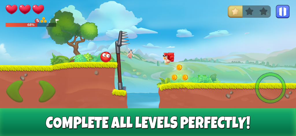 Red Ball: Secret Adventure - Personagem Red Ball navegando em um nível colorido com plataformas e moedas enquanto evita uma armadilha de espinhos e um inimigo pássaro.