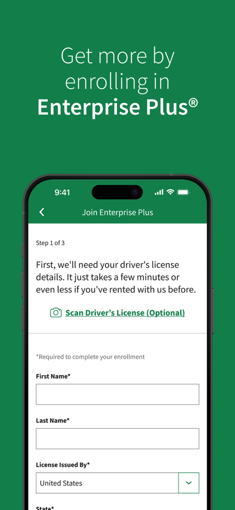 Enterprise Rent-A-Car - A screenshot showing the Enterprise Plus membership enrollment form within the mobile app.