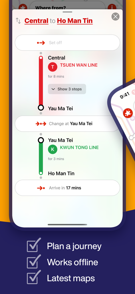 Hong Kong Metro Map & Routing - Hong Kong Metro App-Oberfläche, die eine geplante Route von Central nach Ho Man Tin Station mit Offline-Reisefunktionen zeigt.