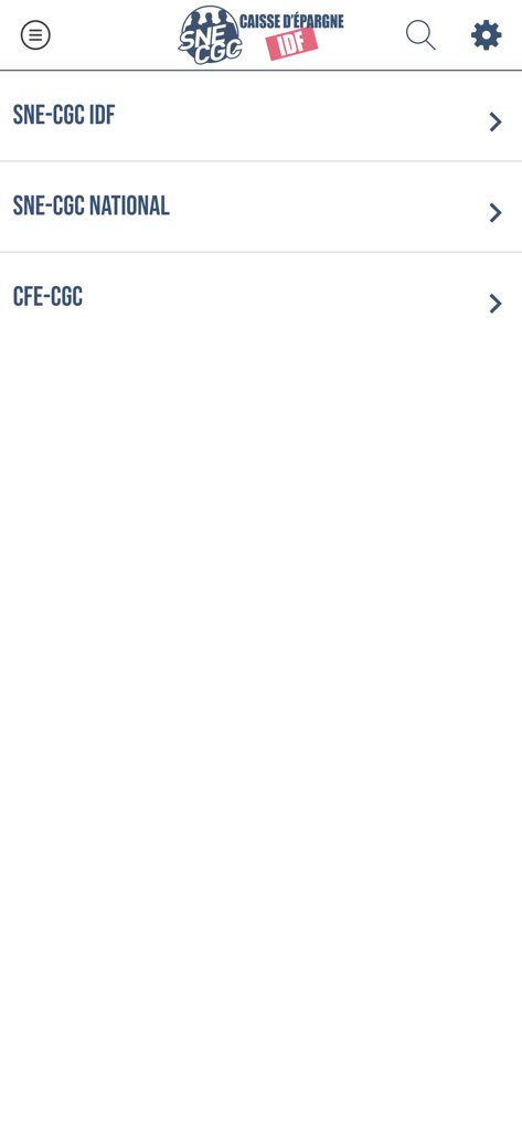 SNE-CGC CEIDF - Menu interface of the SNE-CGC CEIDF app with navigation links to regional and national union sections