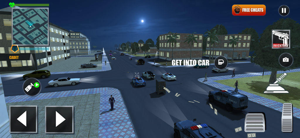 Police Simulator 2: Open World - A police officer walking on a city street at night next to a SWAT truck and police cars in Police Simulator 2 Open World.