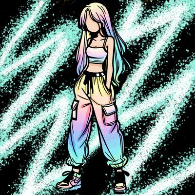 girl in baggy pants crop top and long hair