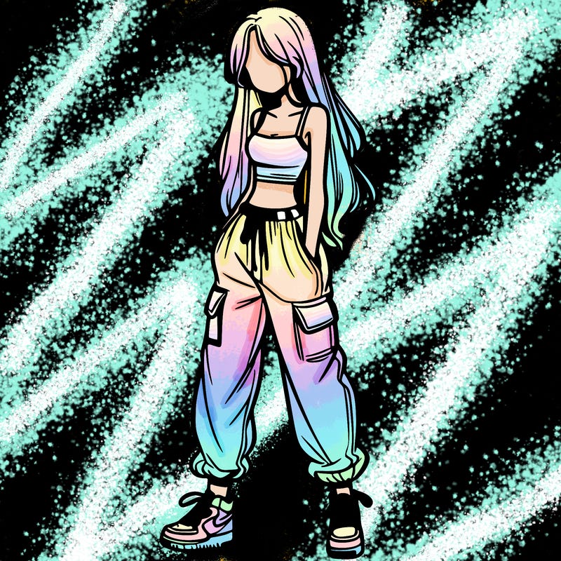 girl in baggy pants crop top and long hair