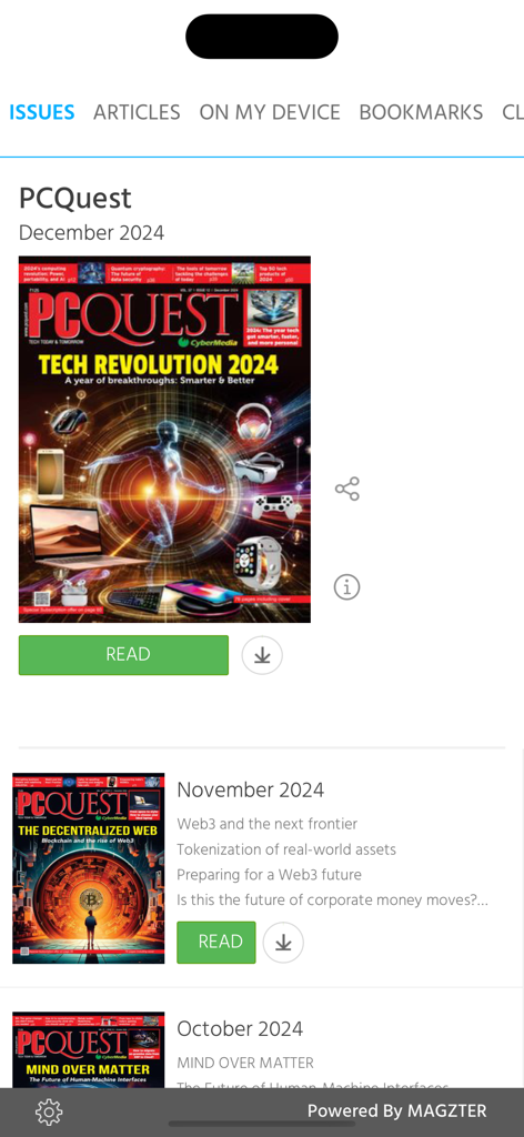 PCQuest - PCQuest mobile app interface displaying a digital library of recent IT magazine issues with read and download options