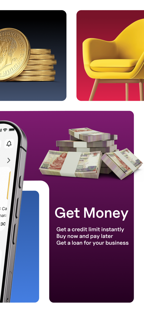 Halan: Lending, BNPL, Payments - Promo screen for Halan app showing lending and BNPL features with stacks of Egyptian currency