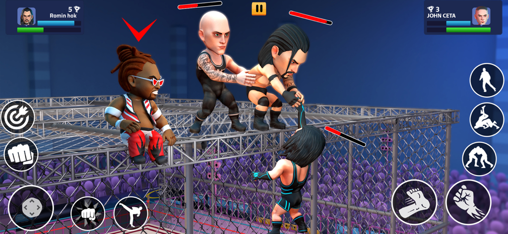 Rumble Wrestling : Fight Games - Stylized 3D mini-monsters fighting in a cage match during Rumble Wrestling gameplay