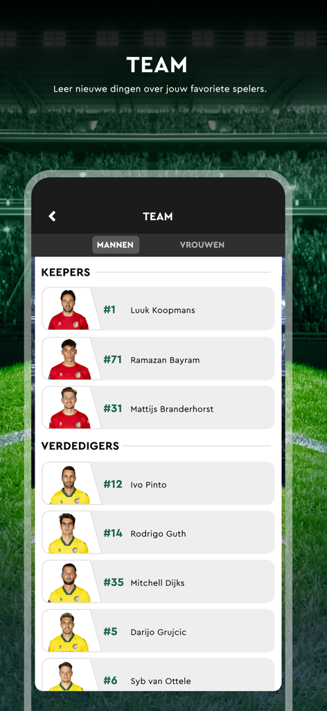 Fortuna Sittard - Pantalla de la lista del equipo en la aplicación Fortuna Sittard mostrando la lista de jugadores y sus perfiles.