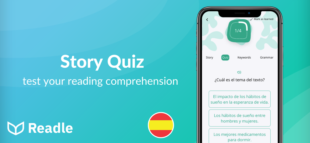 Readleアプリのインターフェース、スペイン語の読解ストーリークイズを表示
