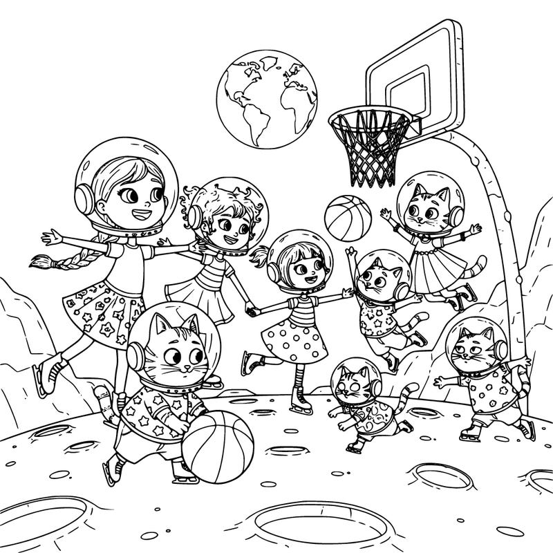 five girl ice skaters skating on the moonwearing astronaut helmet and five kitties playing basketball with them and they are all wearing a
astronaut helmet and the figure skaters are wearing shirts and skirts or dresses and the cats should wear regular shirts and shorts clothes and make the girls look pretty and i don’t want all of them to look the same and i don’t want the cats to all look the same either