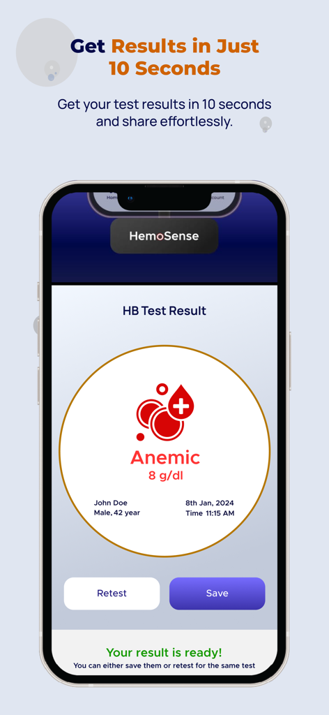 Hemosense - Hemosense app interface showing an instant hemoglobin test result of 8 g per dl indicating anemia