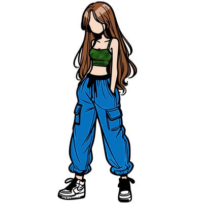 girl in baggy pants crop top and long hair