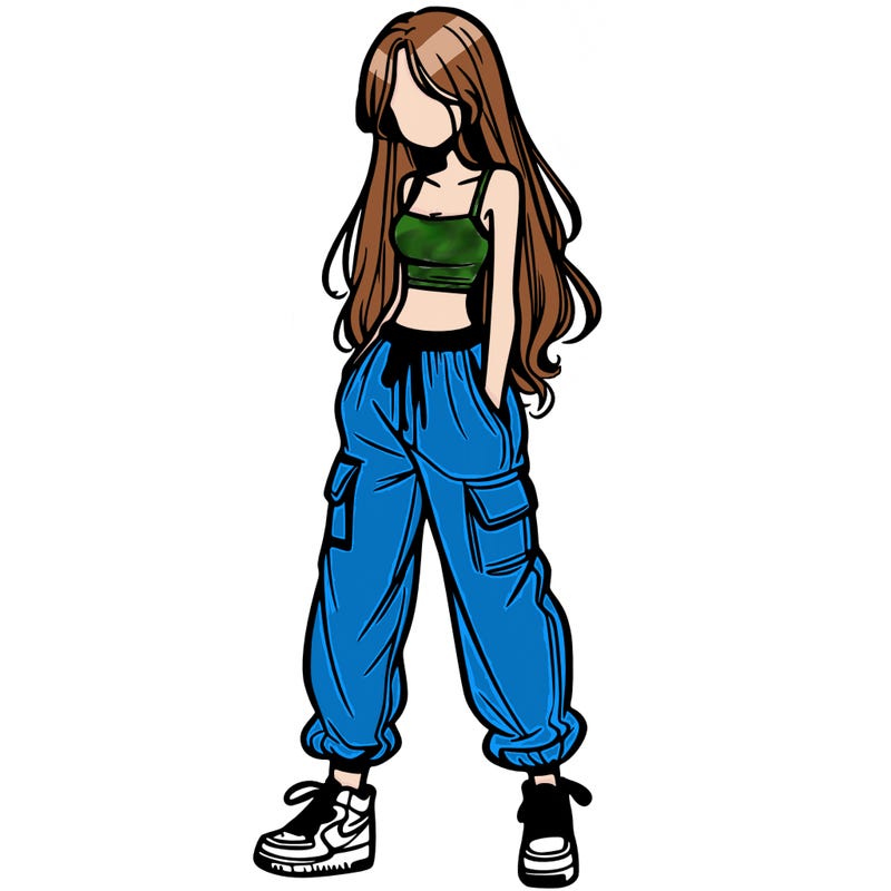 girl in baggy pants crop top and long hair