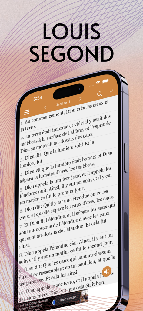 Smartphone displaying the Louis Segond Bible app with French scripture from Genesis