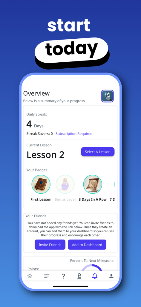 World Schoolbooks Languages - World Schoolbooks Languages app dashboard showing user progress with a four day streak and earned badges