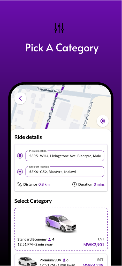 Rydz - Request a ride - Rydz app interface for selecting ride categories with trip details and price estimates