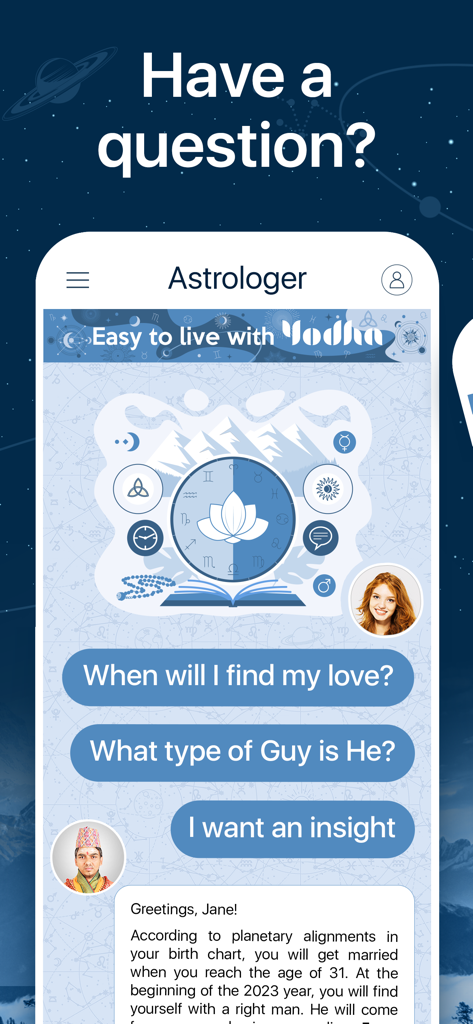 Yodha My Horoscope - Yodha My Horoscope app chat interface showing relationship questions and a Vedic astrologer response