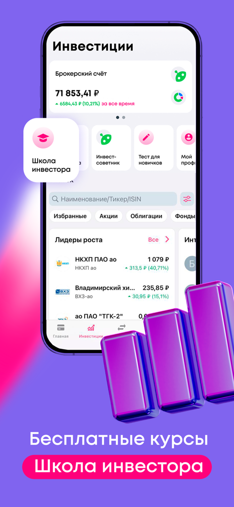 Renaissance Bank mobile app investment screen showing brokerage account balance and stock market growth leaders