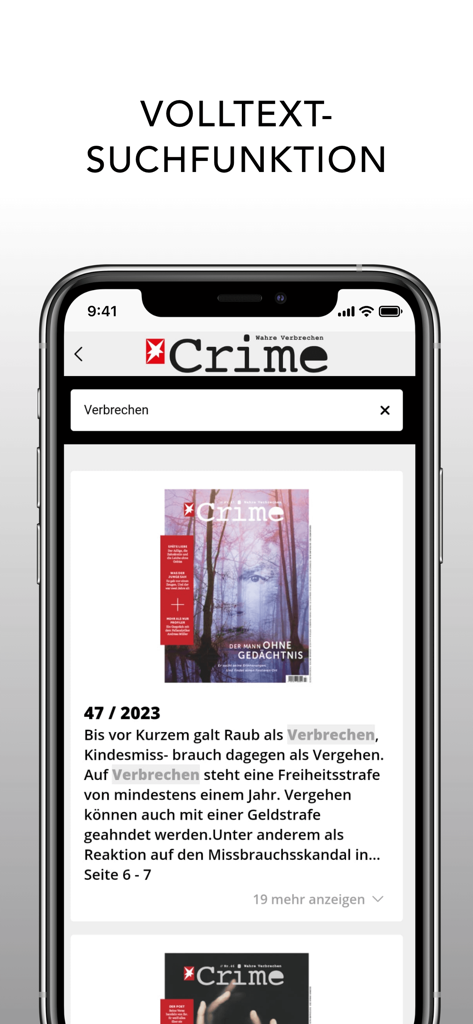 Una schermata dello smartphone che mostra la funzione di ricerca a testo intero dell'app stern Crime Magazin con i risultati evidenziati per la parola Verbrechen.