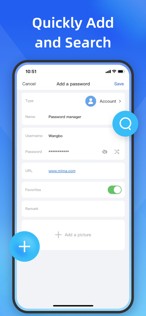 Eine einfache Benutzeroberfläche, die den Bildschirm zum Hinzufügen eines neuen Kontos und Passworts in der SecureSafe-App zeigt