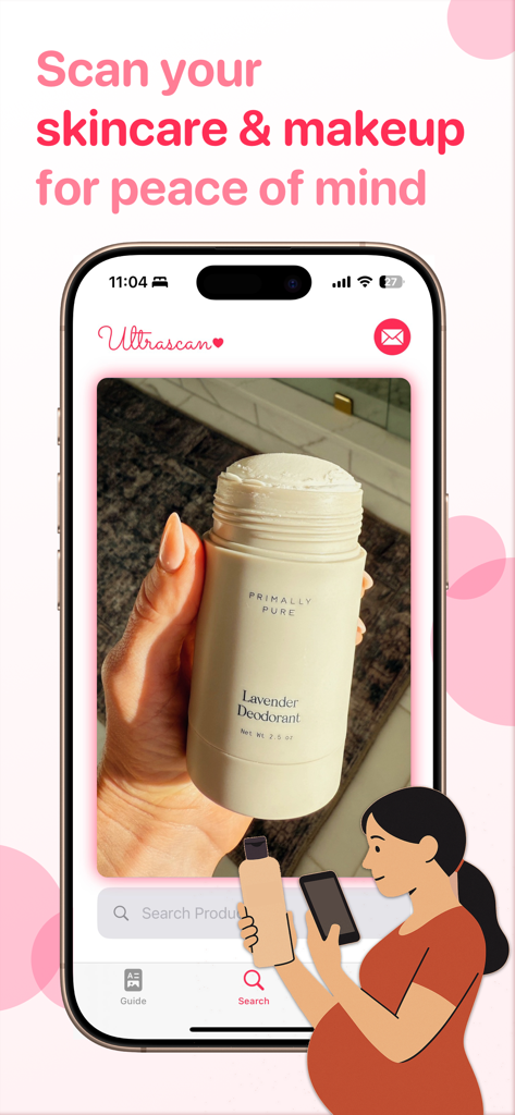 UltraScan app interface scanning a skincare product for pregnancy safety