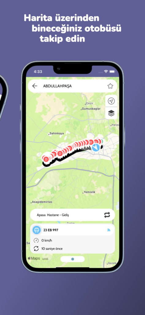 Elazığ Ulaşım - Elazig Ulasim app interface displaying real time bus tracking on a map for the Abdullahpasa route