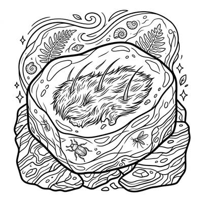 Discover the fascinating world of ancient paleontology with this unique coloring page featuring mammal hair preserved in amber. Intricate details of prehistoric insects and flora surround this incredible historical artifact, ready for your creative touch.