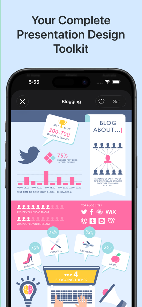 Toolbox for Keynote: Templates - Prévia de modelo de infográfico de blog no aplicativo Toolbox for Keynote no iPhone