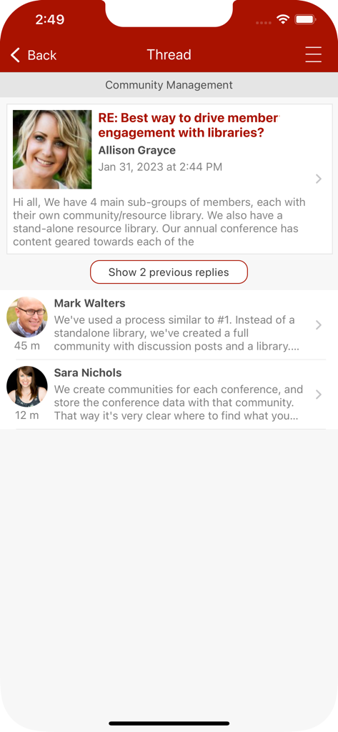 ENTConnect Mobile App - Screenshot of a community discussion thread within the ENTConnect mobile app for professional networking and information sharing.