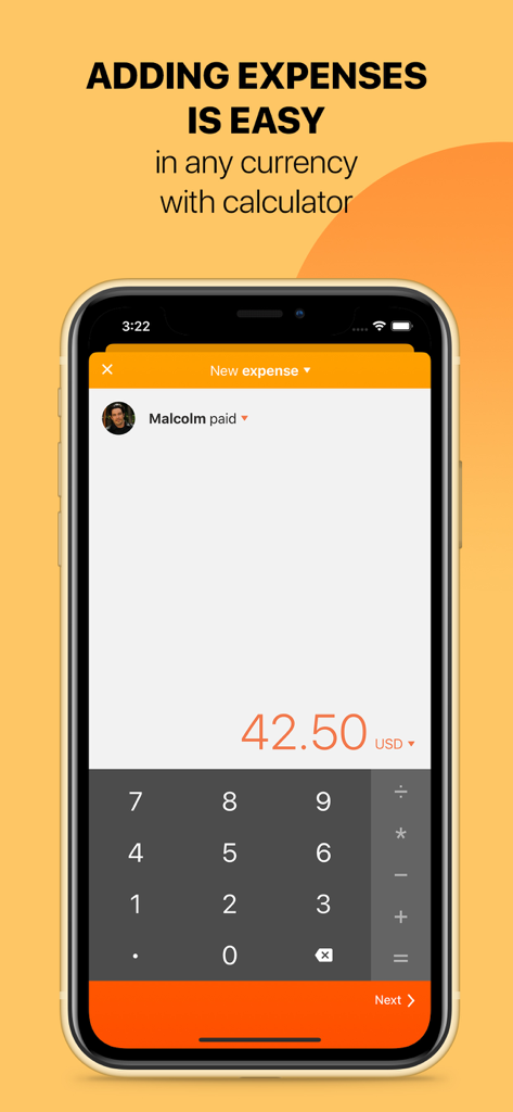 Settle Up app interface for adding expenses with a built-in calculator