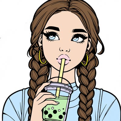 realistic girl with braided hair drinking boba