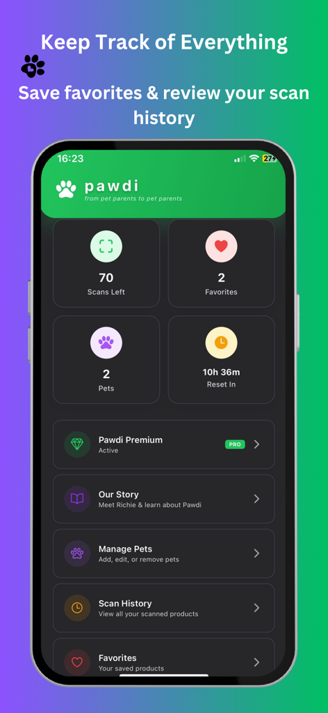 Pawdi - Pet Food Scanner - Painel do aplicativo Pawdi exibindo histórico de escaneamento, itens favoritos e gerenciamento de perfil de animal de estimação.