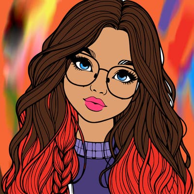 girl with long hair and freckles and glasses realistic