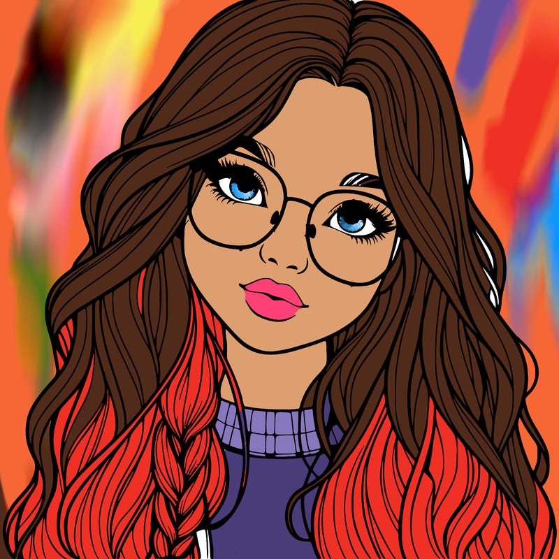 girl with long hair and freckles and glasses realistic