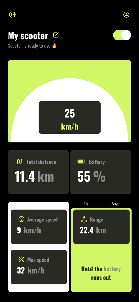 Panel de la aplicación Speede Scooters mostrando velocidad, nivel de batería y distancia de viaje.