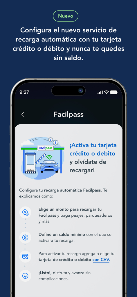 CarroYa - Tela de smartphone mostrando a interface do aplicativo CarroYa para configurar recargas automáticas de pedágio com Facilpass