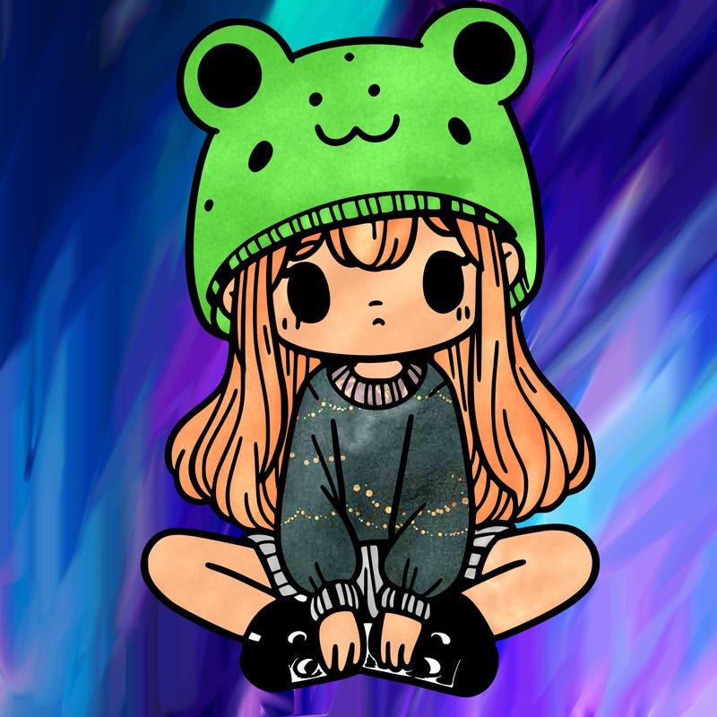 a girl wearing a frog hat and some frog socks